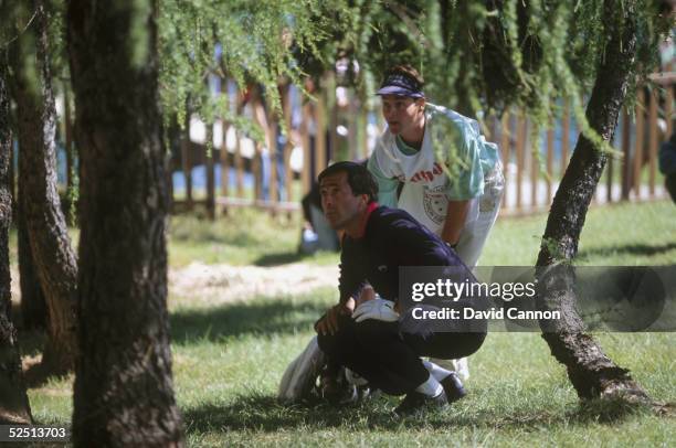 Seve Ballesteros of Spain contemplates his miracle shot on the 18th hole to set up a birdie finish during the final round of the European Masters at...