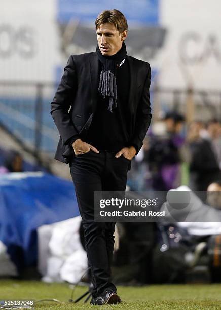 Facundo Sava coach of Racing Club looks on during a first leg match between Racing Club and Atletico Mineiro as part round of 16 of Copa Bridgestone...