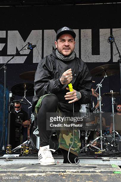 Frankie Palmeri with Emmure performs during the Rockstar Energy Drink Mayhem Festival at The Cynthia Woods Mitchell Pavilion on August 10, 2014 in...
