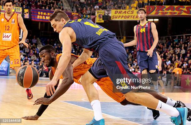 February- SPAIN: Mario Hezonja and Justin Carter in the match between FC Barcelona and Galatasaray, for the week 7 of the Top 16 of the Euroleague...