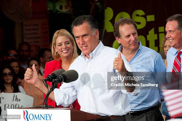 August 13, 2012 PAM BONDI, MITT ROMNEY, LINCOLN DIAZ-BALART, JEFF ATWATER. Mitt Romney Campaigns in South Florida On His Bus Tour For A Stronger...