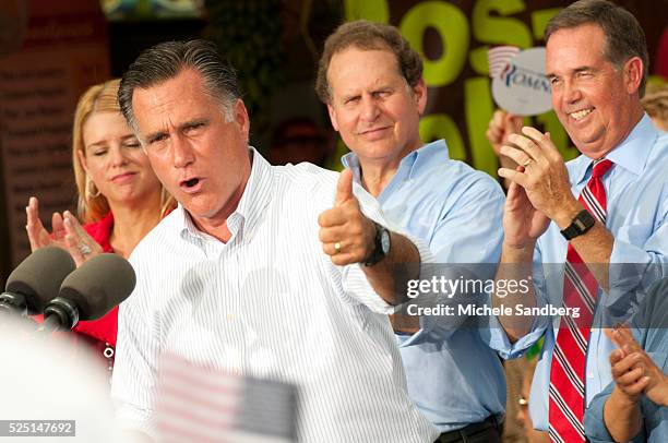 August 13, 2012 PAM BONDI, MITT ROMNEY, LINCOLN DIAZ-BALART, JEFF ATWATER. Mitt Romney Campaigns in South Florida On His Bus Tour For A Stronger...
