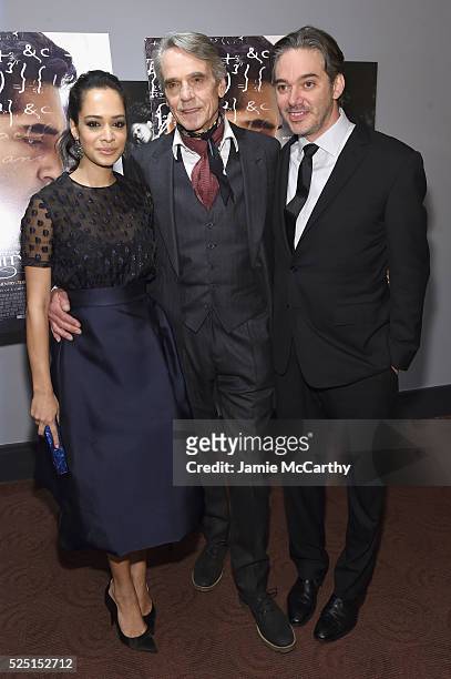 Devika Bhise, Jeremy Irons, and Matthew Brown attend "The Man Who Knew Infinity" New York screening at Chelsea Bow Tie Cinemas on April 27, 2016 in...