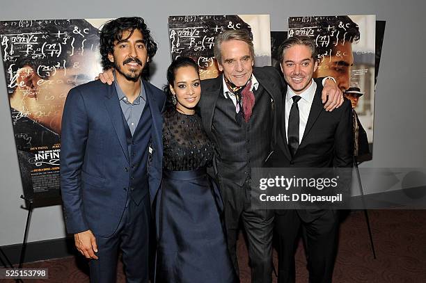 Dev Patel, Devika Bhise, Jeremy Irons, and writer/director Matthew Brown attend "The Man Who Knew Infinity" New York Screening at Chelsea Bow Tie...
