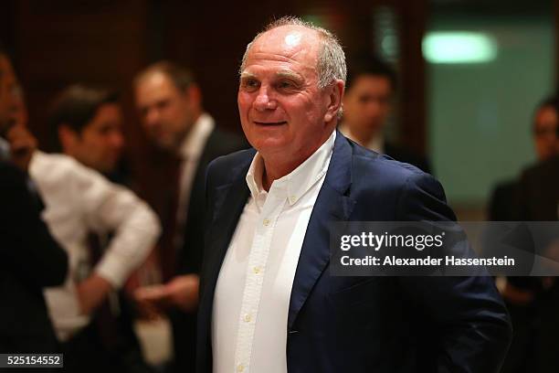 Uli Hoeness smiles during the Champions Banquette after the UEFA Champions League semi final first leg match between Club Atletico de Madrid and FC...