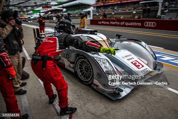 Class Audi Sport Team Joest Audi R18 e-tron quattro of Marc Gene, Lucas Di Grassi and Oliver Jarvis in pit-lane action during the 2013 Le Mans 24...
