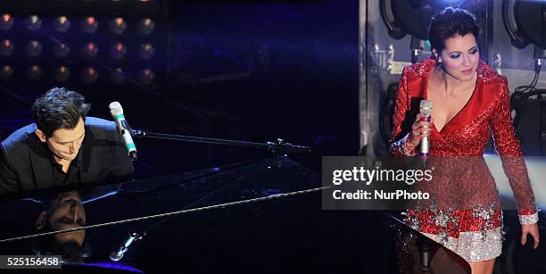 Simona Molinari and Peter Cincotti performs in Sanremo during first day of the Sanremo Italian Music Festival, on February 13, 2013. Photo: Manuel...