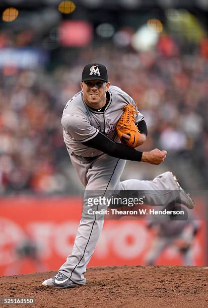 Jose Fernandez of the Miami Marlins pitches against the San Francisco Giants in the bottom of the fourth inning at AT&T Park on April 23, 2016 in San...