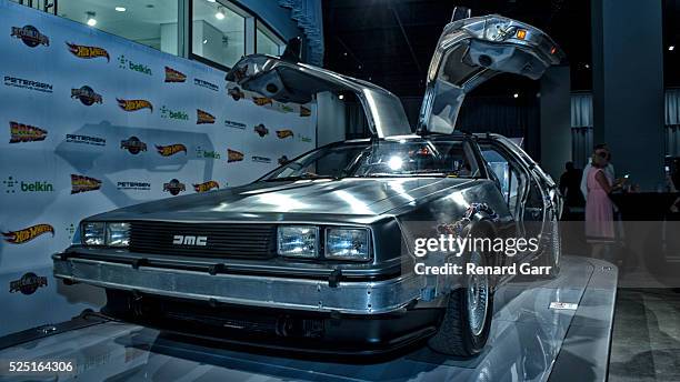 The Delorean from the film "Back To The Future" is on display at the Back To The Future Weekend at Petersen Automotive Museum on April 23, 2016 in...