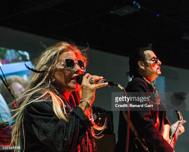 Singer Dale Bozzio of Missing Persons performs at Back To The Future Weekend at the Petersen Automotive Museum on April 23, 2016 in Los Angeles,...