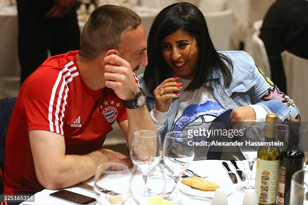 Franck Ribery of Bayern Muenchen smiles with his wife Wahiba during the Champions Banquette after the UEFA Champions League semi final first leg...