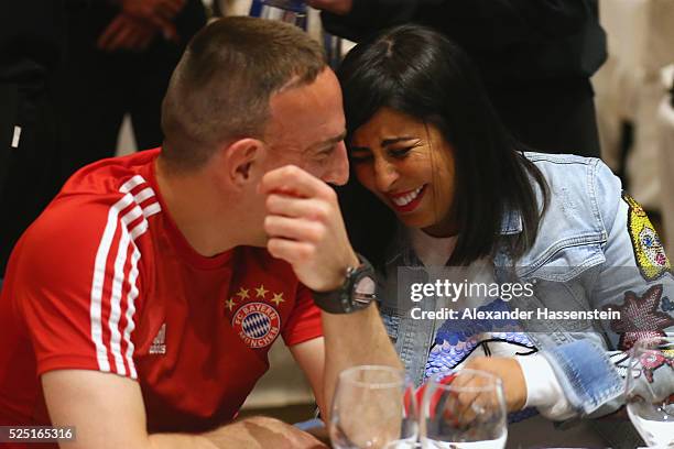 Franck Ribery of Bayern Muenchen smiles with his wife Wahiba during the Champions Banquette after the UEFA Champions League semi final first leg...