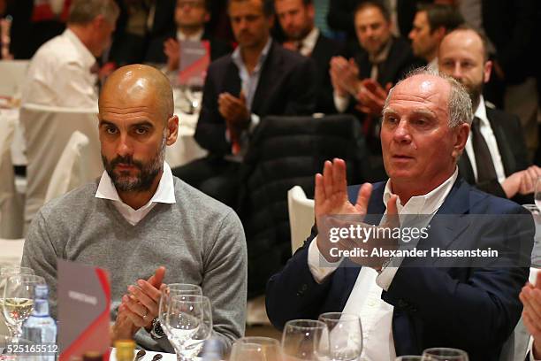 Uli Hoeness applaud for Josep Guardiola, head coach of Bayern Muenchen during the speech of Karl-heinz Rummenigge, CEO of Bayern Muenchen at the...