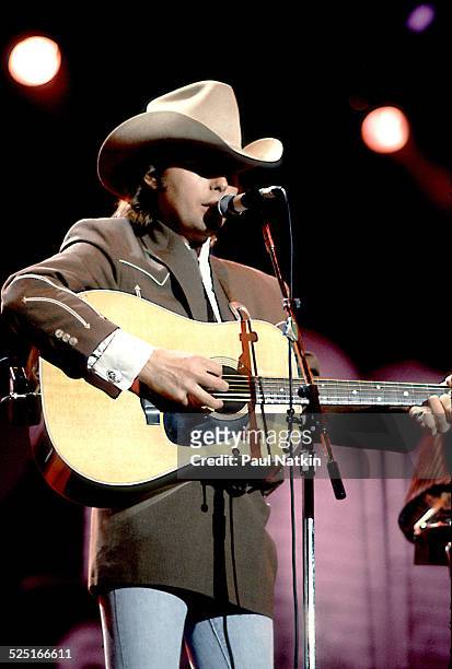 Country musician Dwight Yoakam performs in the Chicago Theater, Chicago, Illinois, August 5, 1988.