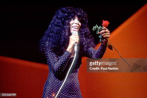 Musician Donna Summer performs, Chicago, Illinois, July 12, 1983.