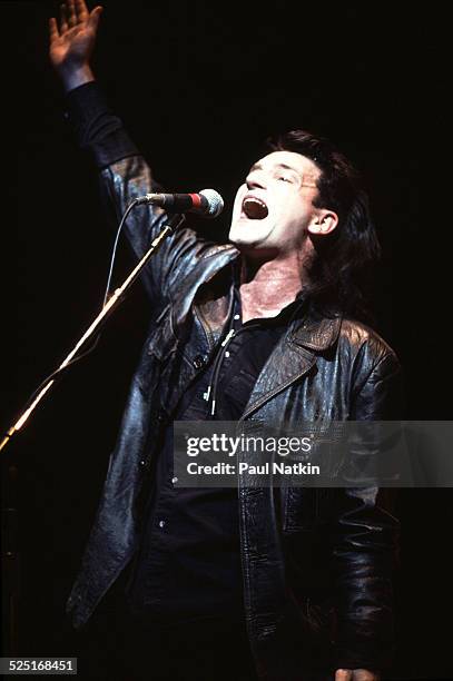 Musician Bono , of U2, performs at the University of Illinois Chicago Pavilion, Chicago, Illinois, March 20, 1985.