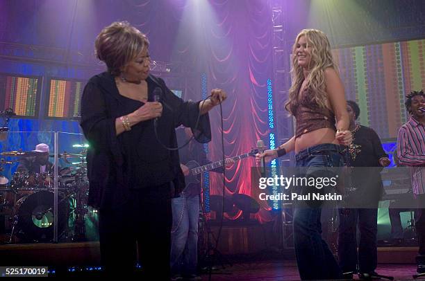 Musician Mavis Staples and Joss Stone perform together during a Soundstage concert for WTTW television, Chicago, Illinois, August 24, 2005.