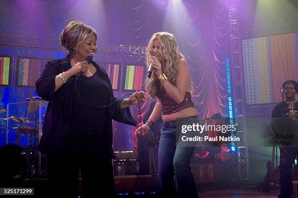 Musician Mavis Staples and Joss Stone perform together during a Soundstage concert for WTTW television, Chicago, Illinois, August 24, 2005.