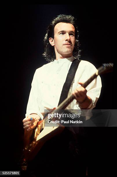 Musician Edge , of U2, performs on stage during a concert at the University of Illinois Chicago Pavilion, Chicago, Illinois, March 20, 1985.