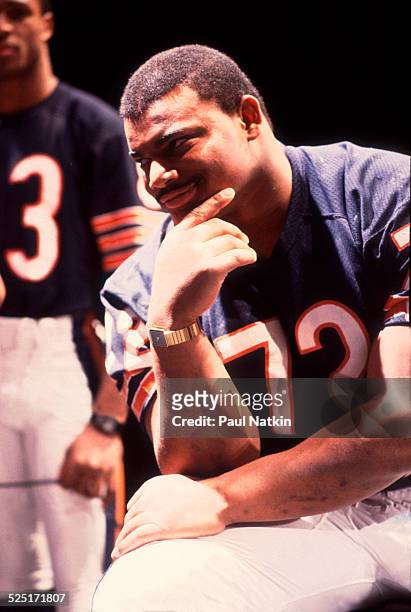 Portrait of football player William 'Refrigerator' Perry, defensive lineman for the Chicago Bears, during the filming the 'Super Bowl Shuffle' video,...