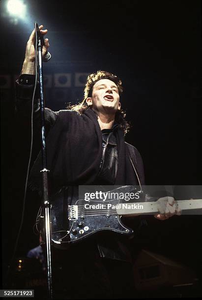 Musician Bono , of U2, performs at the University of Illinois Chicago Pavilion, Chicago, Illinois, March 20, 1985.
