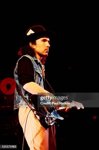 Musician Edge , of U2, performs on stage during a concert at the University of Illinois Chicago Pavilion, Chicago, Illinois, March 20, 1985.