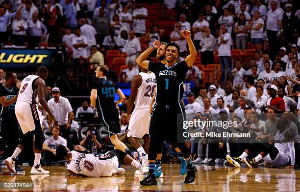 Courtney Lee of the Charlotte Hornets celebrates winning Game 5 of the Eastern Conference Quarterfinals of the 2016 NBA Playoffs against the Miami...