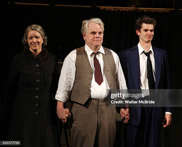 Linda Emond, Phillip Seymour Hoffman & Andrew Garfield during the Opening Night Performance Curtain Call for Death Of A Salesman at The Barrymore...