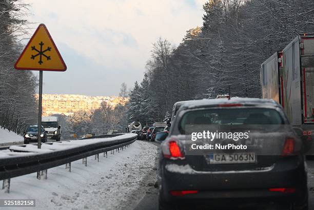 TriCity, Poland 29th, Dec. 2014 Heavy snow paralyzes road traffic in Gdansk, Sopot and Gdynia. Due the slippery road big lorries blocked TriCity...