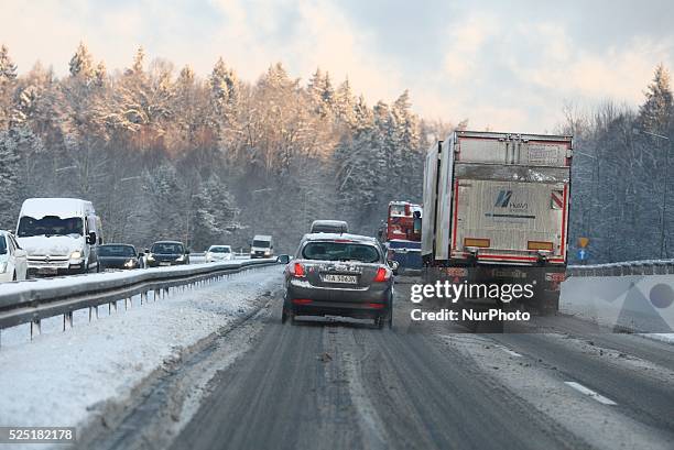 TriCity, Poland 29th, Dec. 2014 Heavy snow paralyzes road traffic in Gdansk, Sopot and Gdynia. Due the slippery road big lorries blocked TriCity...
