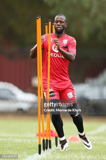 Bruce Djite takes part in a training drill by himself during an Adelaide United A-League training session at the Adelaide United Training Centre on...