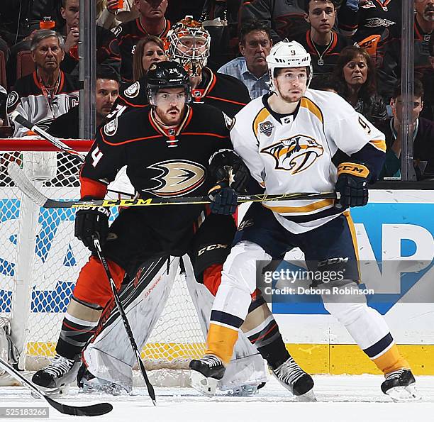 Filip Forsberg of the Nashville Predators battles in front of the net against Simon Despres of the Anaheim Ducks in Game Seven of the Western...