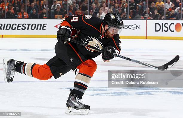 Simon Despres of the Anaheim Ducks releases a slapshot in Game Seven of the Western Conference First Round against the Nashville Predators during the...