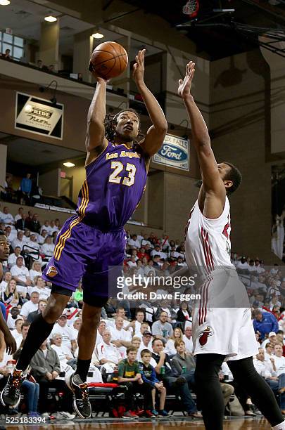 Justin Harper from the Los Angeles Defenders takes the ball to the basket past Jabril Trawick from the Sioux Falls Skyforce during the NBA D-League...