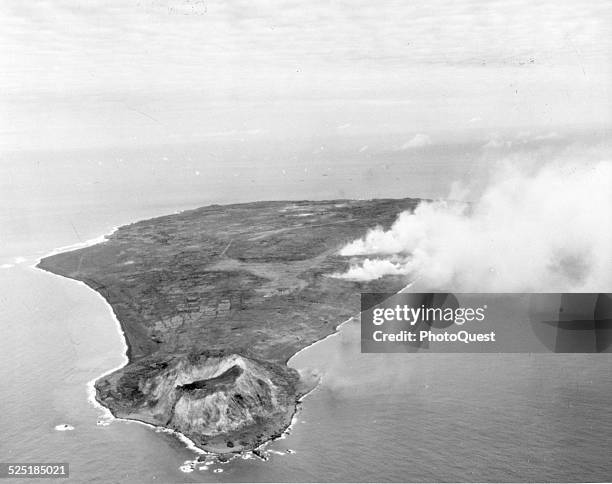 View of a smoke cloud on the second day of naval and air bombardment on Iwo Jima, February 17, 1945. The photo was taken by a plane from the USS...