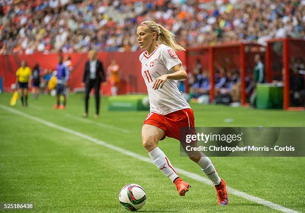 Lara Dickenmann of team Switzerland in 2015 women's World Cup Soccer in Vancouver during the first round action between Japan and Switzerland.