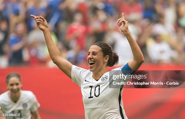 Carli Lloyd of team USA celebrates her third goal during 2015 women's World Cup Soccer in Vancouver during the final between USA and Japan.