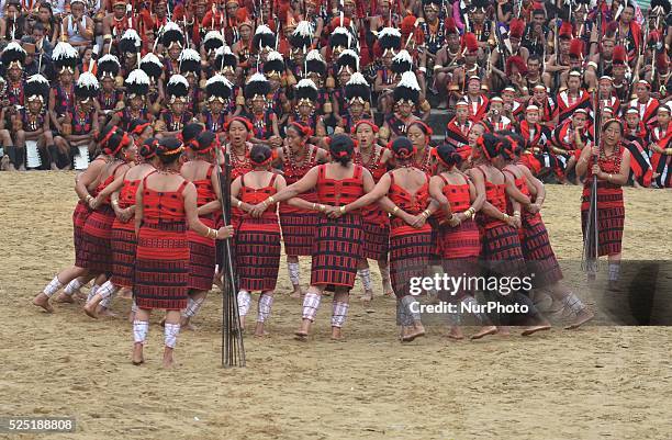 Naga tribesman from Sangtam tribe performs a traditional folk dance on the four day of the state annual Hornbill Festival at Kisama, some 15 kms away...
