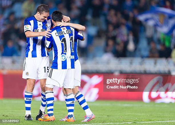 Ansotegi and Carlos Vela in the match between Real Sociedad and Getafe CF, for Week 8 of the spanish Liga BBVA played at the Anoeta stadium, October...