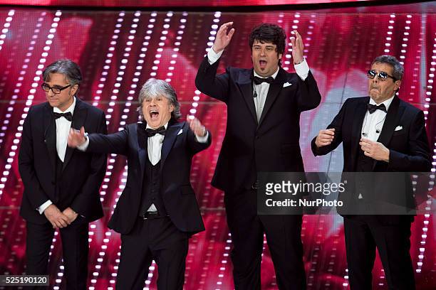 Italian Band Stadio, winners of the 66th Italian Music Festival in Sanremo, celebrate at the Ariston theatre during the closing night on February 13,...