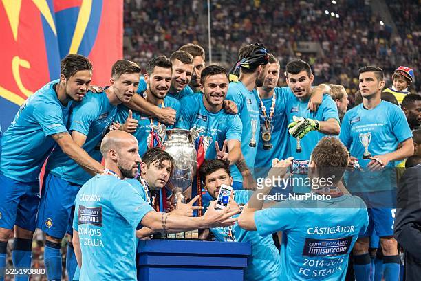 The Steaua Bucharest players at the end of the Cupa Romaniei Timisoreana 2014-2015 Finals game between FC Universitatea Cluj ROU and FC Steaua...