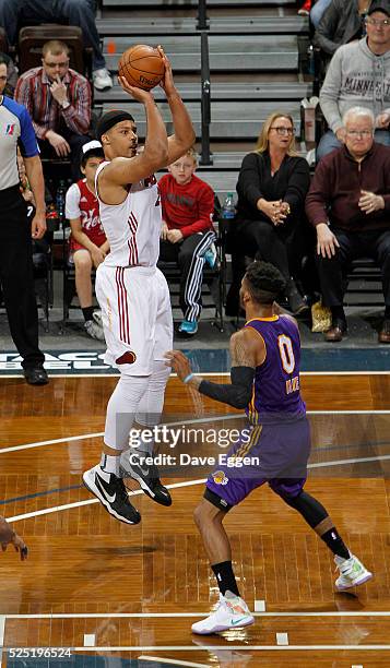 Jarnell Stokes of the Sioux Falls Skyforce shoots a jumper over Vander Blue of the Los Angeles Defenders during the NBA D-League Finals Game 3 at the...