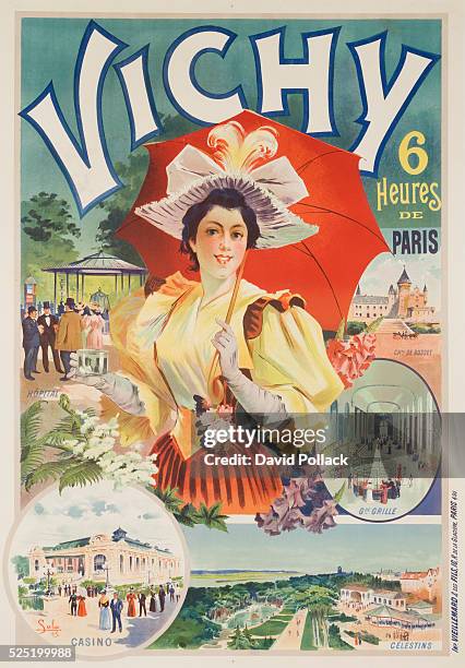 Art nouveau travel poster with parasol shaded woman surrounded by icons of vacation in Vichy