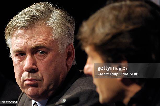 Carlo Ancelotti, new head coach of Paris Saint Germain FC attends during the press conference at Parc des Princes on December 30, 2011 in Paris,...