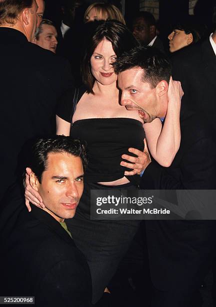 Megan Mullally, Sean Hayes, and Ed McCormack pictured at a NBC party at Spy Bar in New York City on May 17, 1999.