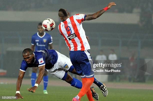 Player Fikru Tefera Lemessa try to goal during the Match 31: Atl��tico de Kolkata vs Chennaiyin FC on November 14,2014 in Kolkata