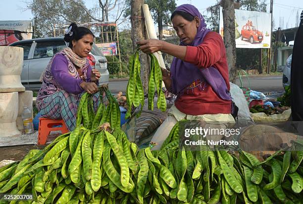 Naga woman vendor arrange Petai or Yonchak popularly known in local dialect at a daily market in Dimapur, India north eastern state of Nagaland on...