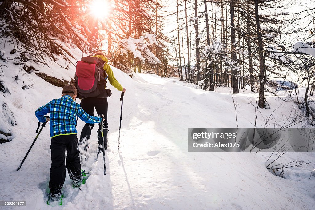 Mother and Son Snowshoeing