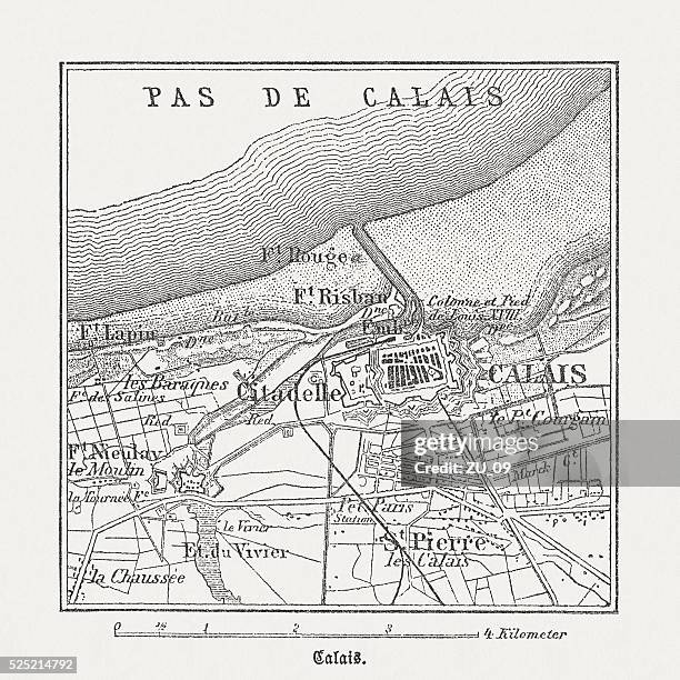 calais, france, wood engraving, published in 1882 - town map stock illustrations