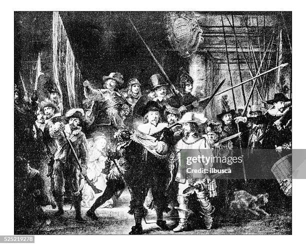 antique photograph of rembrandt's painting "the night watch" - rijksmuseum stock illustrations